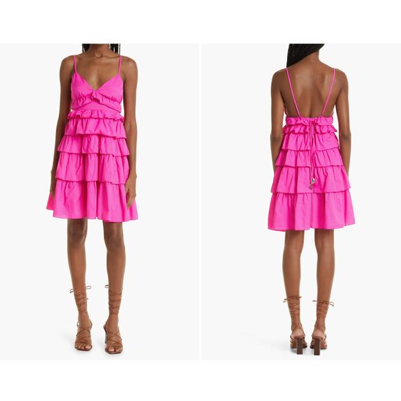 STAUD Rylie Tiered Ruffle Dress Hot Pink Tiered Size S - Picture 1 of 5